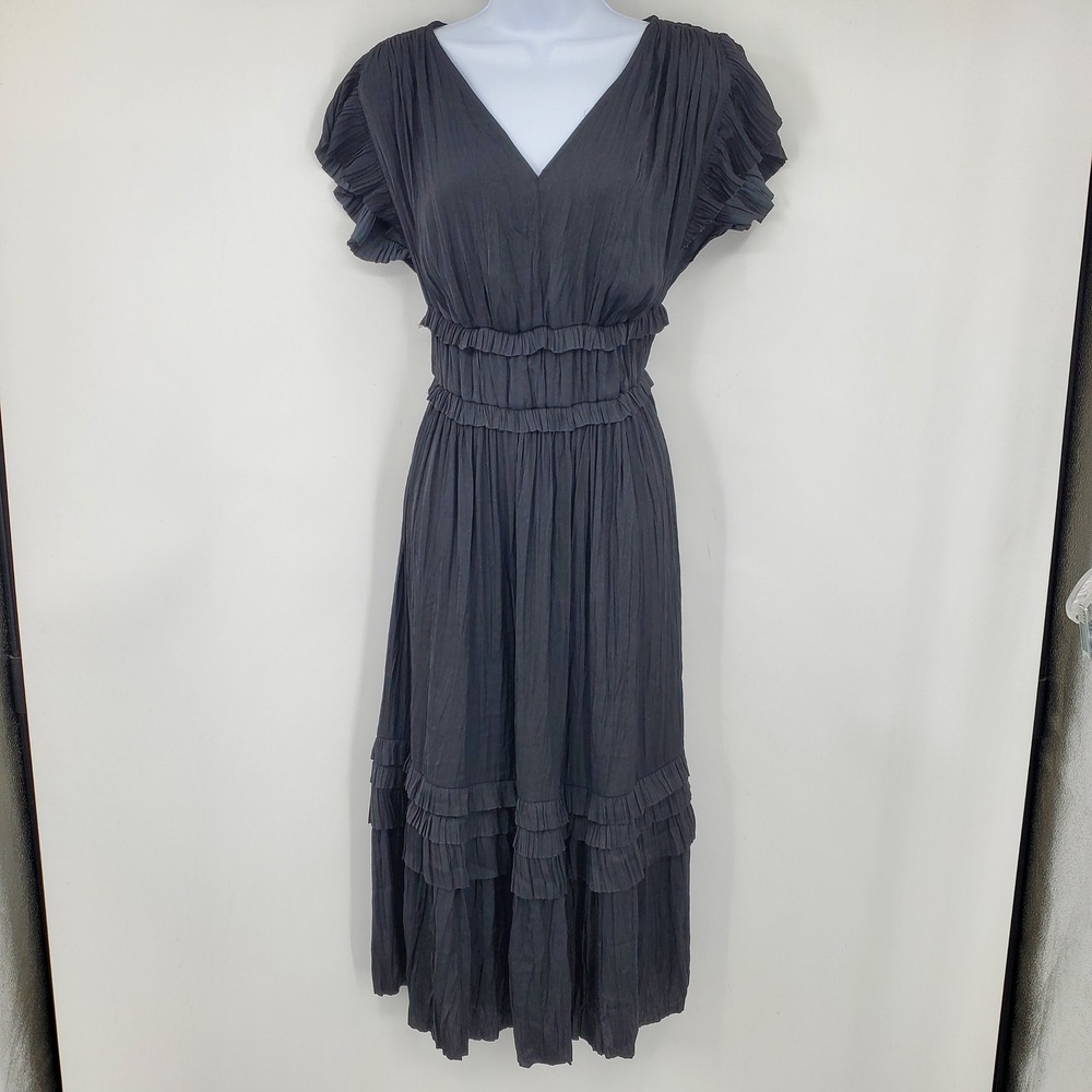 Current Air Black Pleated Midi Dress XS VNeck Smocked Waist Ruffle Sleeve Tiered